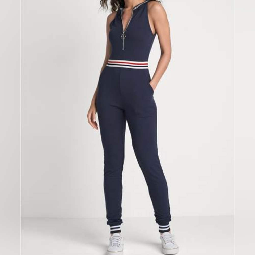 Navy Sleeveless Zip-Front Jumpsuit with Striped Waist